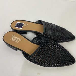 Franco Sarto Black Woven Slip On Sandals Mules Minimalist capsule wardrobe